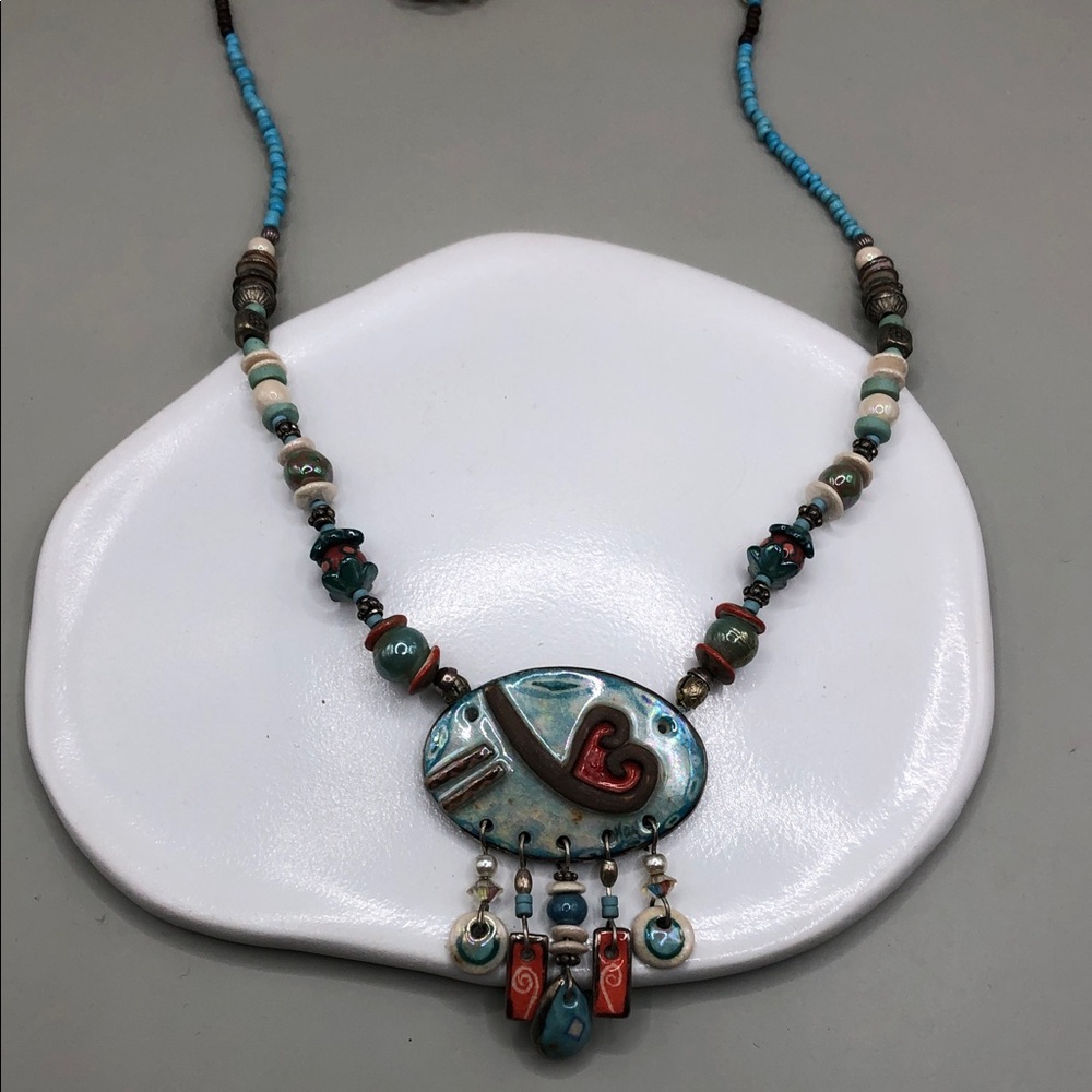 Vintage artisan handmade ceramic heart beaded necklace romantic whimsy boho.